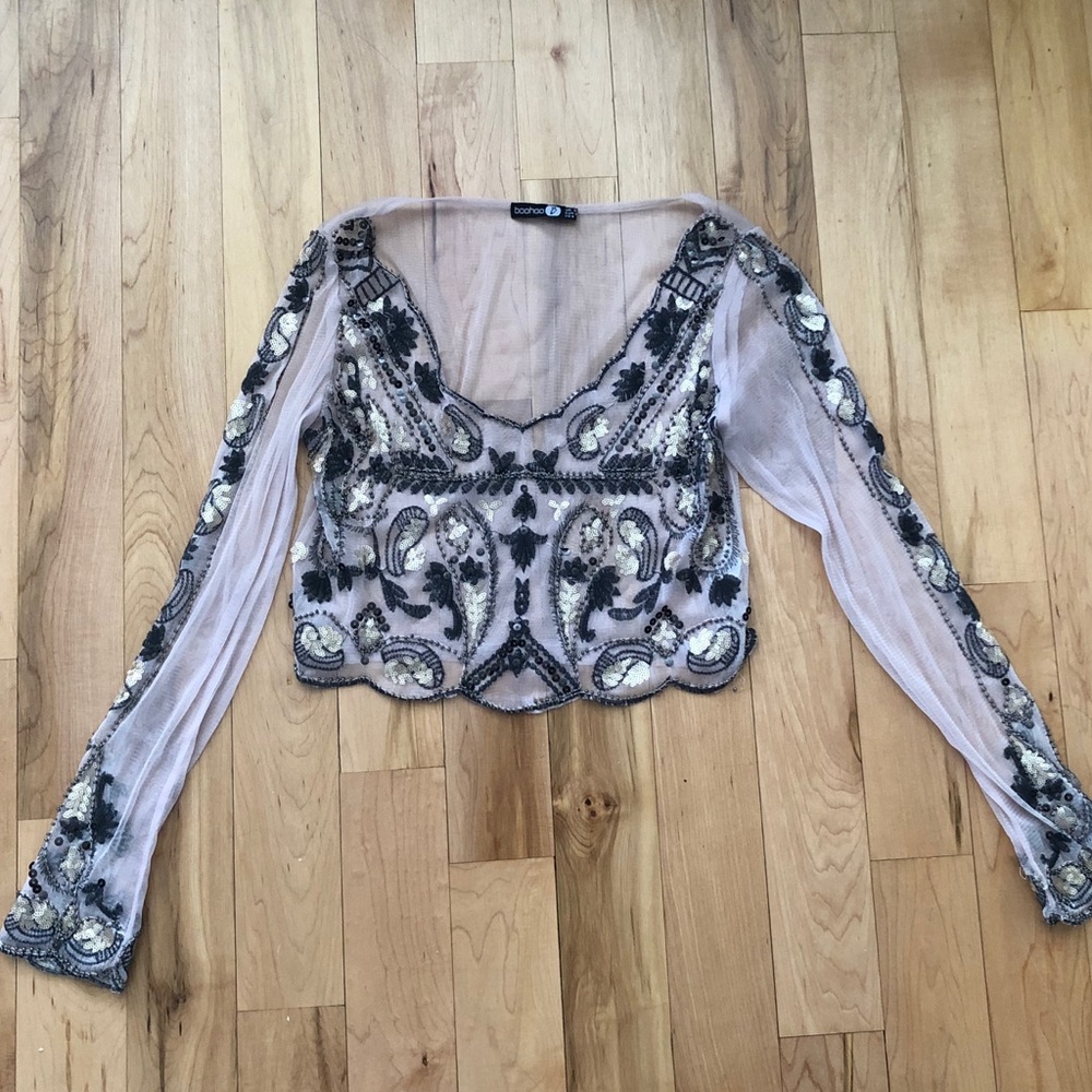 Boohoo sheer embellished long sleeve crop top